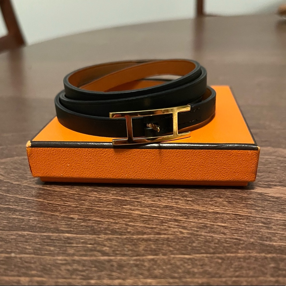 Hermes Behapi Double Tour Bracelet. Black leather wrap cuff, gold plated clasp.